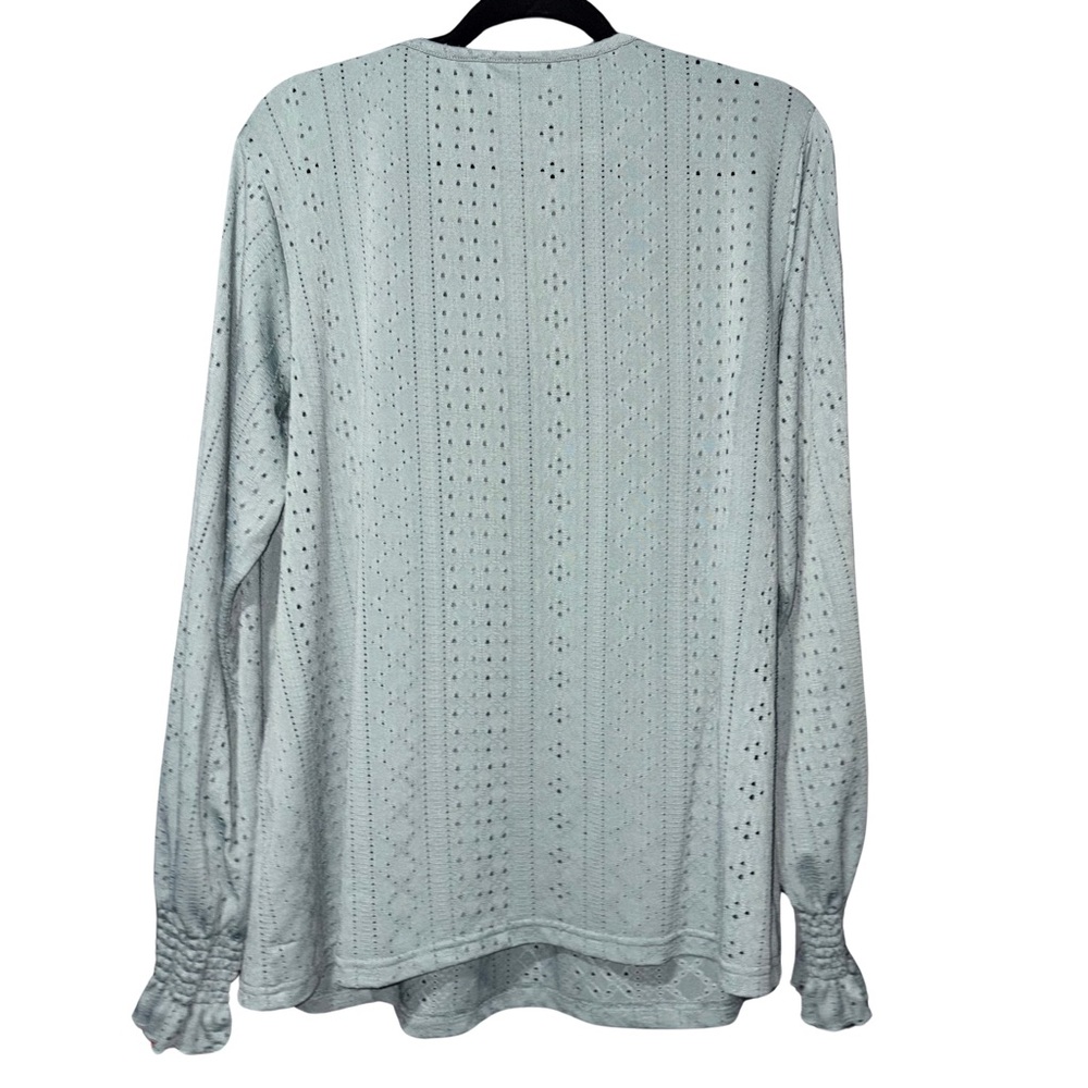 Mint Sage Green Relaxed Smocked Eyelet Blouse with Long Sleeves - Picture 5 of 5